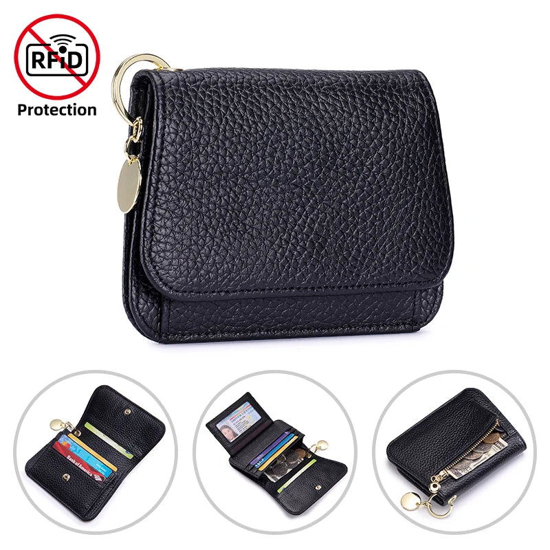 Women's Genuine Leather Trifold Wallet with Coin Pocket & ID Window