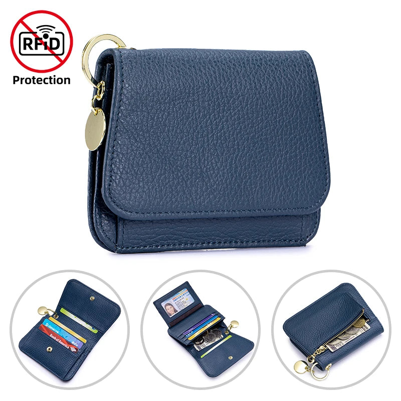 Women's Genuine Leather Trifold Wallet with Coin Pocket & ID Window