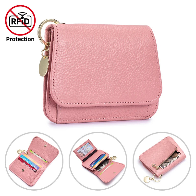 Women's Genuine Leather Trifold Wallet with Coin Pocket & ID Window