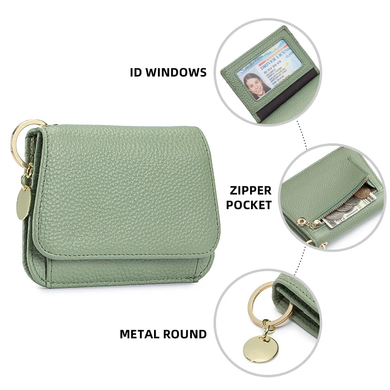 Women's Genuine Leather Trifold Wallet with Coin Pocket & ID Window