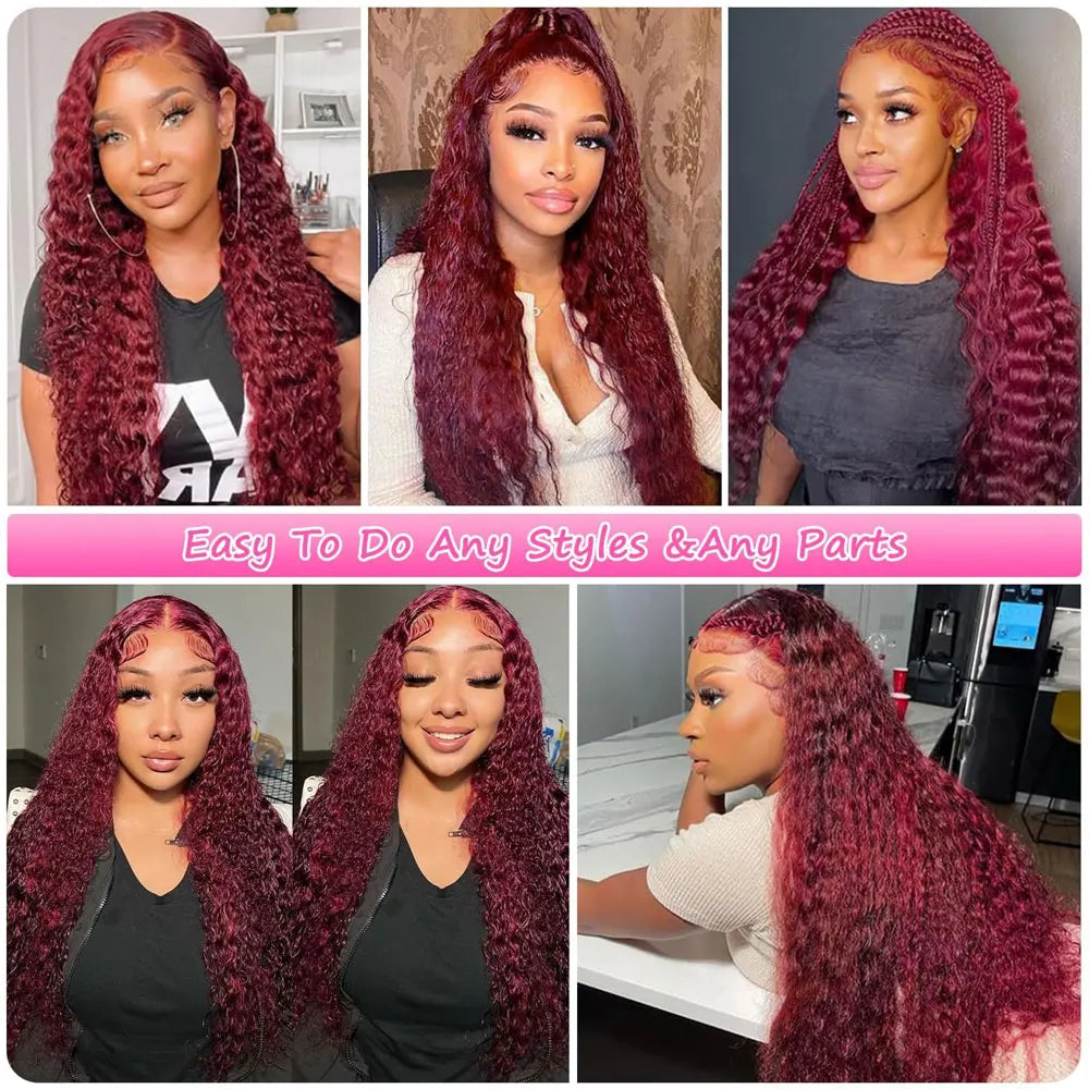 30 Inch Burgundy 99j Deep Wave Frontal Wig Colored Curly Human Hair Wigs 200 250 Density 13x4 Hd Lace Frontal Human Hair Wigs