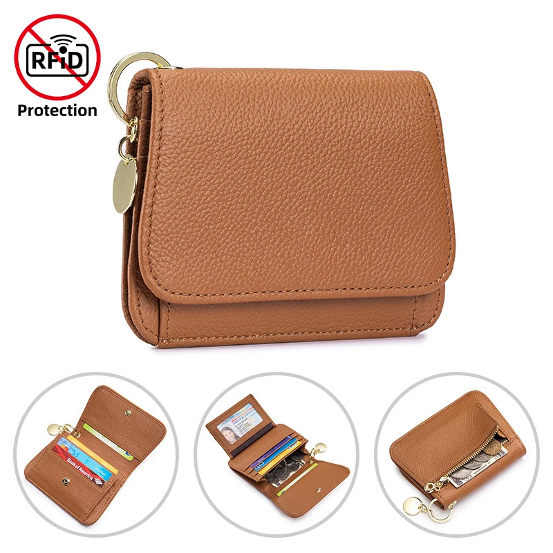 Women's Genuine Leather Trifold Wallet with Coin Pocket & ID Window