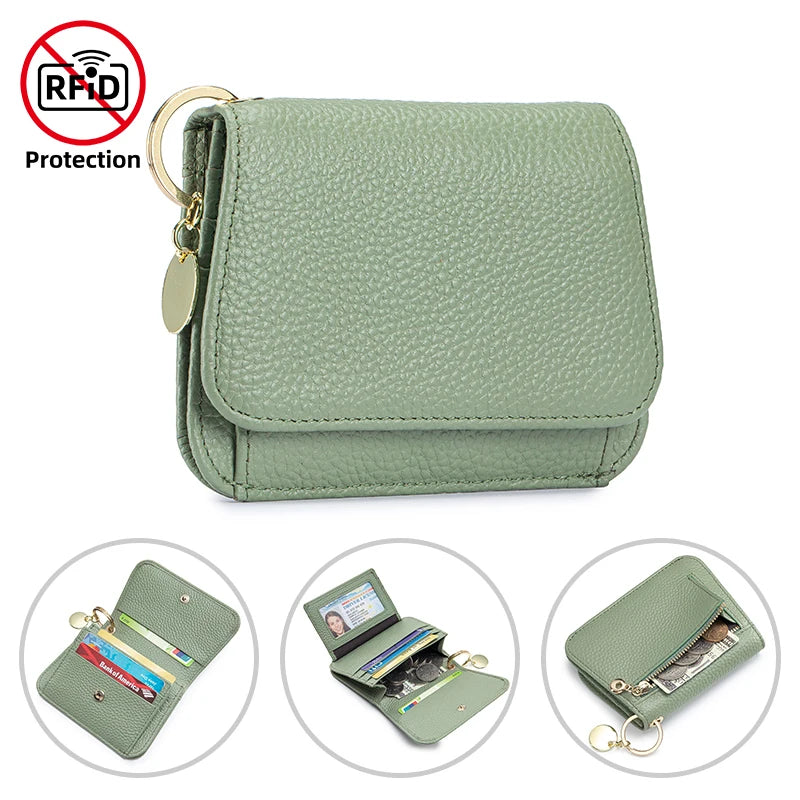 Women's Genuine Leather Trifold Wallet with Coin Pocket & ID Window
