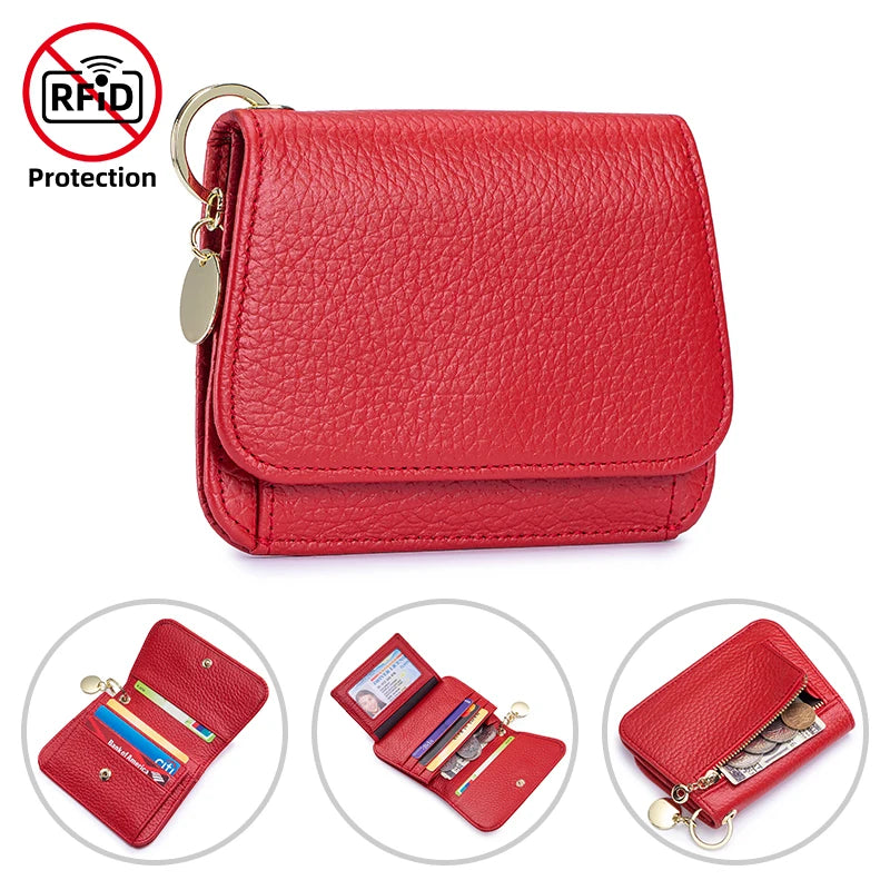 Women's Genuine Leather Trifold Wallet with Coin Pocket & ID Window